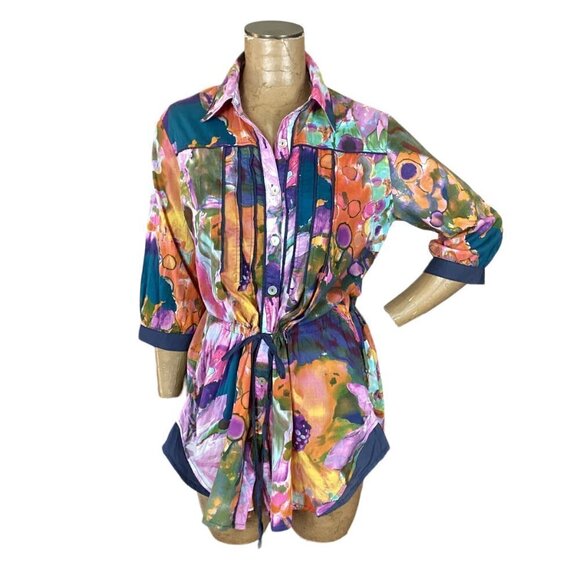 Bold Watercolor Button Down Pleated Tunic Top Tie Waist Sz XL Kings County #270B - Picture 1 of 9